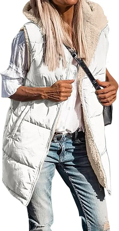 Steppweste Damen Lang Mit Kapuze Winter Lange Weste Damen Ärmellos Gefüttert Longweste Innenfutter Warm Winterjacke Frauen Elegant Wintermantel mit Reissverschluss Jacke Kuscheljacke — Heizkleidung