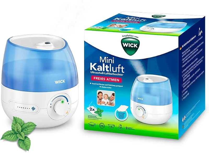 Wick Mini Kaltluft Ultraschall-Luftbefeuchter – Einstellbare Sprühnebelregelung – 1, 8-l-Wassertank – für Schlafzimmern, Büros, Kinderzimmern bis 15 m² – Pads mit ätherischen Ölen inklusive – WUL525