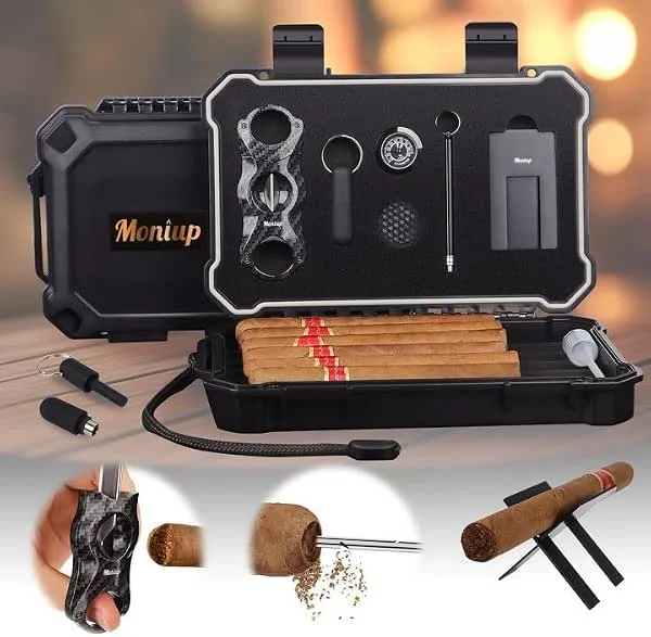 Zigarren Reise Humidor Box Set mit V Cutter, Stanzer, Halter, Schubladenverstärker, Luftbefeuchter & Hygrometer, Tragbares Outdoor Case für Männer
