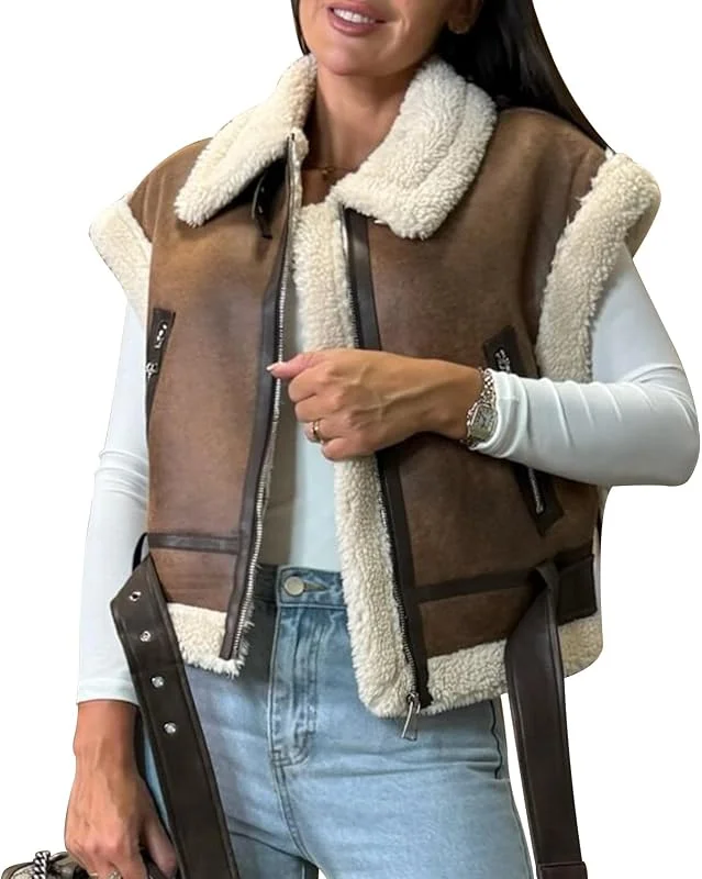 Ansenesna Winterjacke Damen Warm Gefüttert Kurz Weste Ärmellos Wintermantel Elegant Wildleder Jacke Winter Fellkragen Motorrad Mantel Frauen Damen-Jacken Wildlederjacke mit Teddyfell Kurzmantel — Heizkleidung