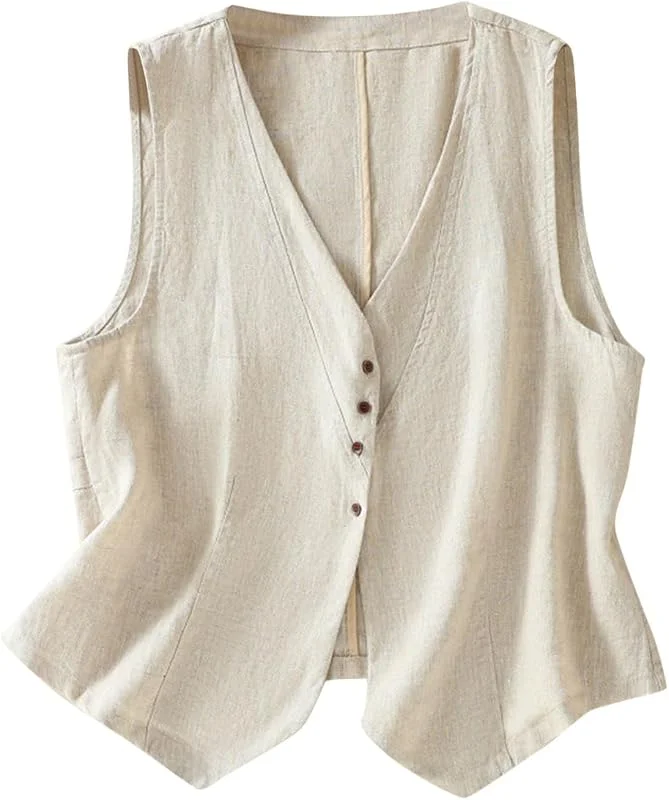 Générique Damenweste, ärmellos, Leinen, Cardigan, Weste, leicht, V-Ausschnitt, Tops, Jacke, Casual, elegante Jacke, Anzugweste für Damen — Heizkleidung