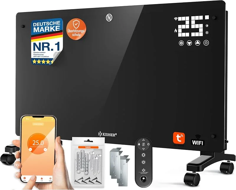 KESSER® Glaskonvektor Glasheizung Elektroheizkörper APP WiFi Funktion Inkl. Fernbedienung Elektroheizung Stand- oder Wand Heizung Heizkörper, Touchscreen, LCD-Display, Timer, 2500 Watt, Schwarz — Heizung Warmepumpe