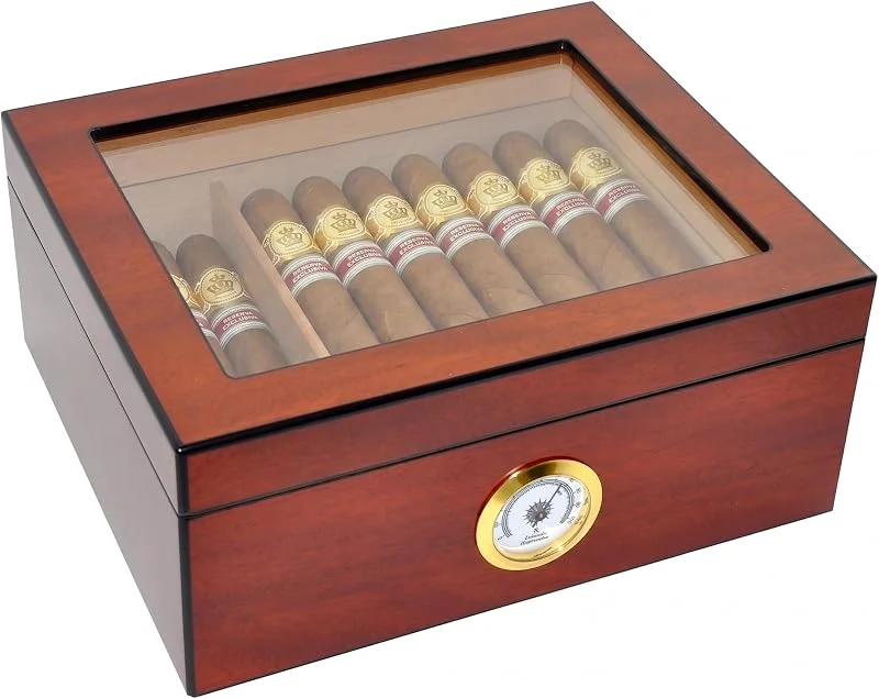 Zigarren Humidors Aufbewahrung 25-50 Zigarren Box, gehärtetes Glas Top Display, Handarbeit Spanisches Zedernholz Zigarrenetui mit Trennwand, Luftbefeuchter und Hygrometer, Geschenk für Mann