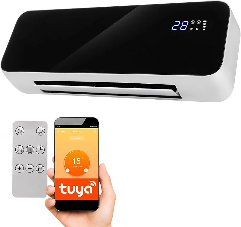 LEHMANN Wandheizlüfter mit 2 Leistungsstufen 1000, 2000 W, Elektroheizung für Wandmontage mit Keramik-Heizelement, Fenster-Offen-Erkennung, Timer, Oszillation, Steuerung per App & Fernbedienung — Heizung Warmepumpe