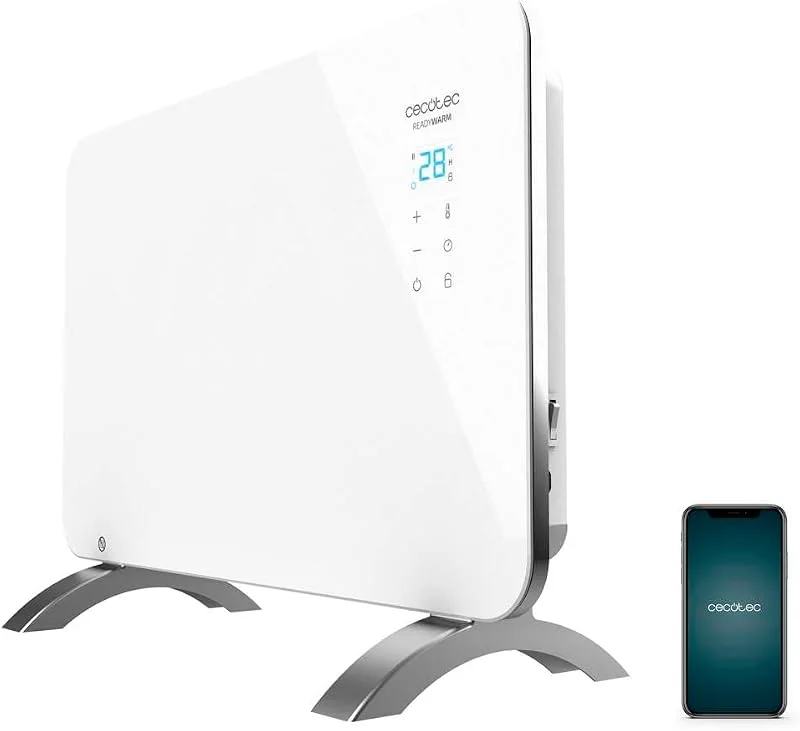Cecotec Heizkonvektor mit Glasplatte Ready Warm 6650 Crystal Connection. 1000 W, WiFi-Steuerung, einstellbares Thermostat, Timer, Bodenständer, Geeignet für Badezimmer (IP24), Lautlos — Heizung Warmepumpe