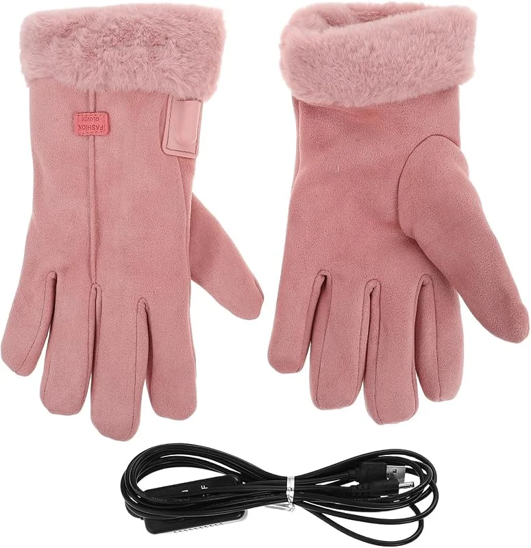 VILLCASE Beheizte Damenhandschuhe 1 Paar aus Leder und Coral Fleece in Rosa — Heizkleidung