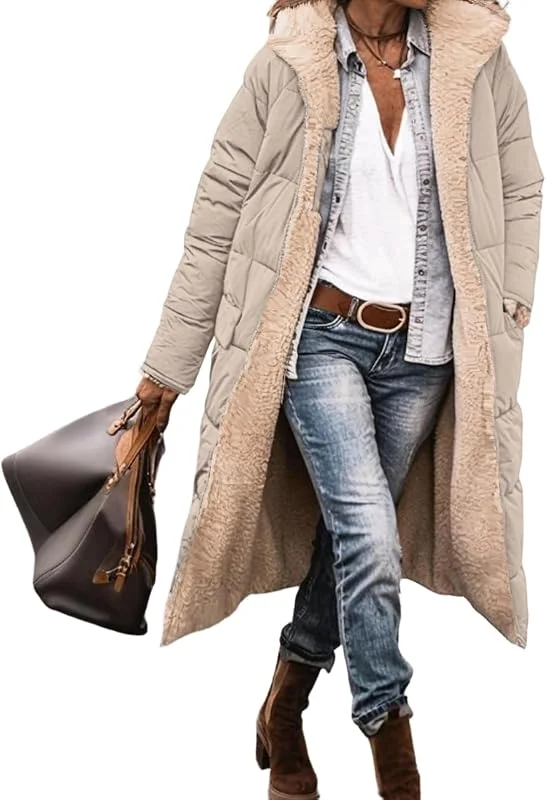 Ansenesna Winterjacke Damen Lang Warm Gefüttert Wintermantel Elegant Mit Kapuze Teddyfleece Jacke Winter Stepp Mantel Teddyfutter Steppjacke Frauen Thermo Steppmantel Dicke Damen-Jacken — Heizkleidung