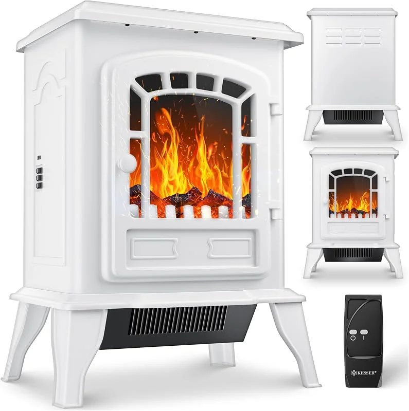 KESSER® Elektrokamin mit Heizlüfter & Fernbedienung 2000W Elektro Kamin Elektrischer Heizung LED Kaminfeuer Effekt Kaminofen Flammeneffekt Heizer Ofen geräuscharm regelbar Weiß — Heizung Warmepumpe