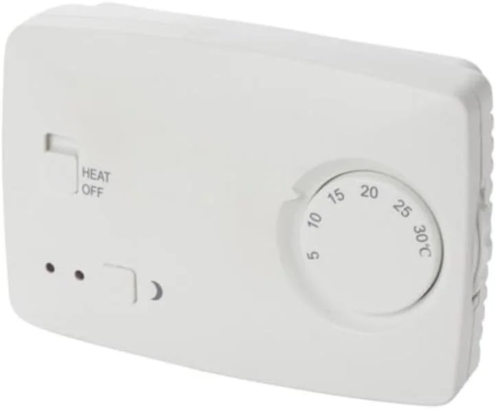 Perel Analoger Nicht programmierbarer Raumthermostat, Wandthermostat für Heizkessel und Heizung, Drehregler 5 bis 30 °C, mit EIN Aus Schalter, weiß — Heizung Warmepumpe