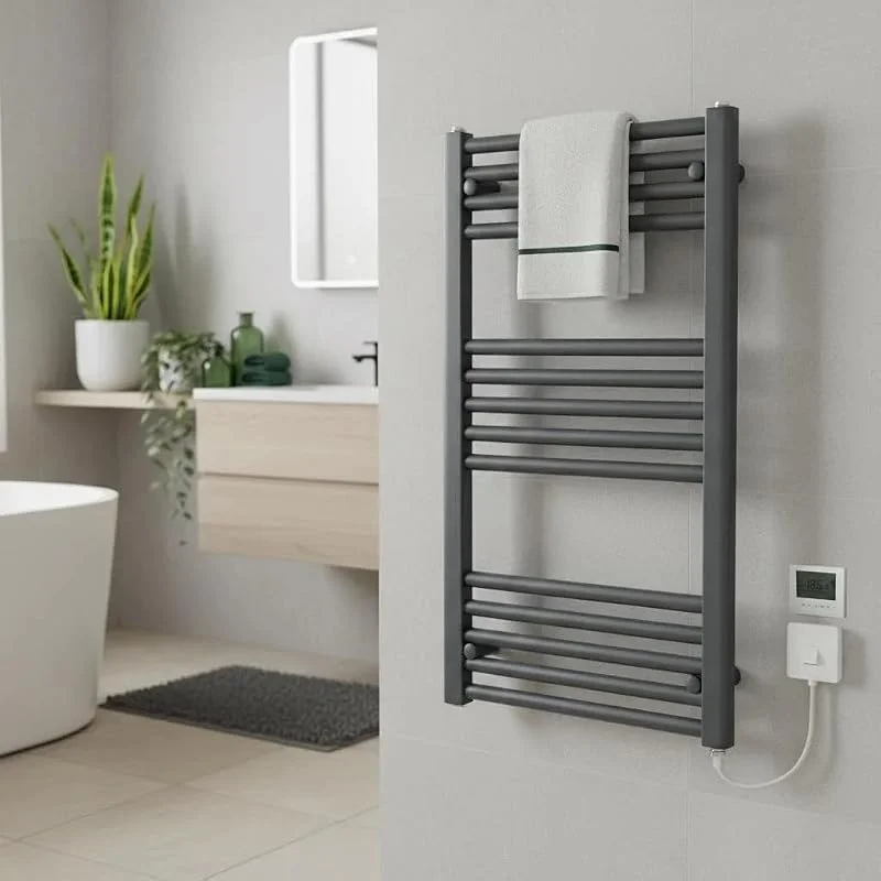 Elektrischer Handtuchhalter, beheizt, 500 W x 800 H, Anthrazit + Timer und Raumthermostat — Heizung Warmepumpe