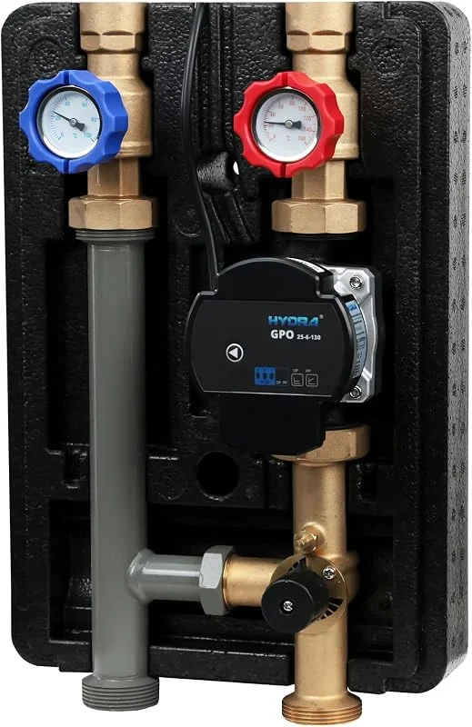 SUNEX Pumpengruppe GPO M DN25 HYDRA - Heizkreisstation für Zentralheizung mit 3-Wege-Mischventil - Umwälzpumpe Hydra 130 mm, Auto Adapt Modus Kugelabsperrventilen Thermometern Rückschlagventil — Heizung Warmepumpe