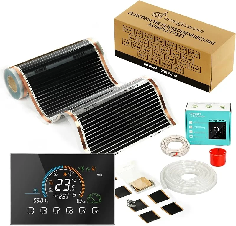 Elektrische Fußbodenheizung 220W, m² - Infrarot Heizfolie komplett mit WLAN Thermostat, Heizung 230V unter Parkett, Unterbodenplatten - 8m² — Heizung Warmepumpe