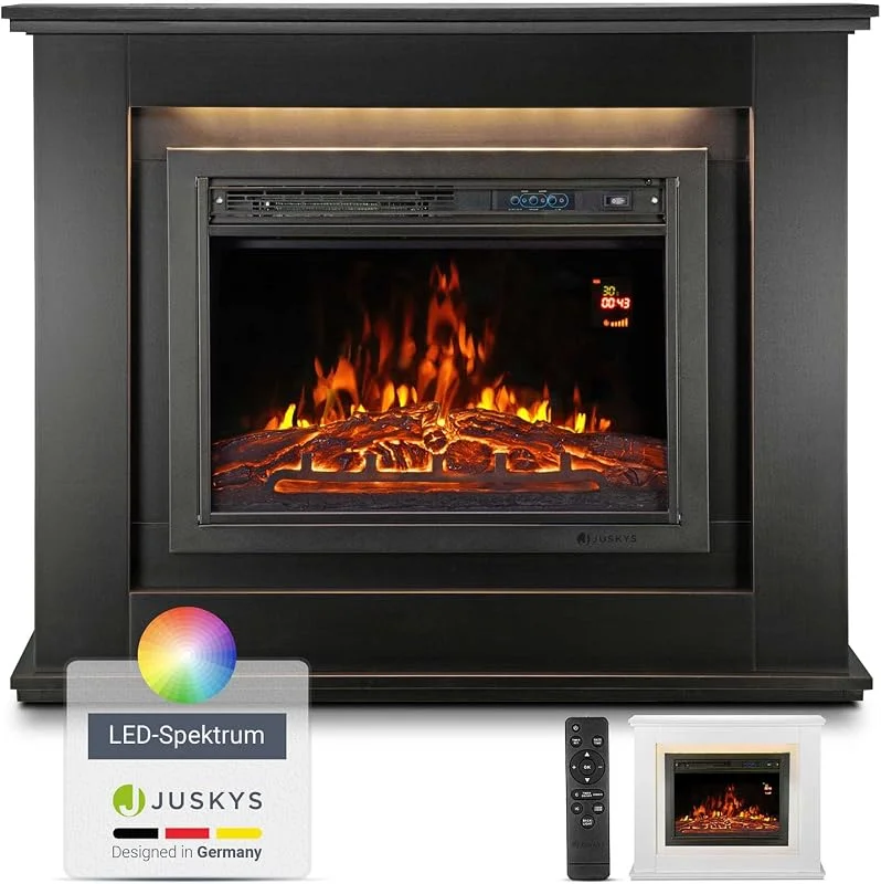 Juskys® Elektrokamin 1000, 2000 W mit Heizung, Kaminfeuer, Flammeneffekt, Fernbedienung, LED Beleuchtung & Timer - Elektrischer Kamin Standkamin schwarz — Heizung Warmepumpe