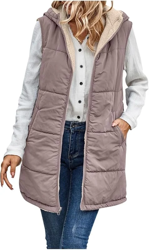 Steppweste Damen Lang Mit Kapuze Lange Weste Ärmellos Steppjacke Winter Longweste Winterjacke Warm Wintermantel Frauen Elegant Jacke Stepp Mantel Ohne Ärmel Zipper Damen-Jacken — Heizkleidung