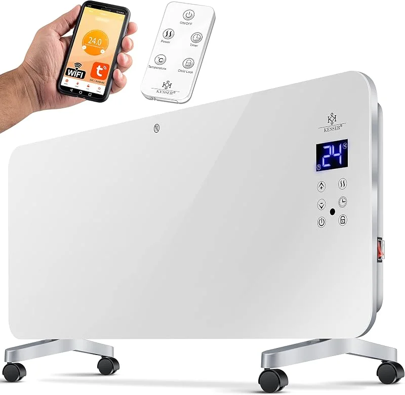 KESSER® Elektro Glasheizung Glaskonvektor Elektroheizung Heizung Heizkörper, Touchscreen, APP, WiFi Funktion Inkl. Fernbedienung, LCD-Display, Timer, als Stand- oder Wandgerät mit 2000 Watt, Weiß — Heizung Warmepumpe