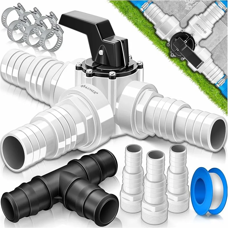 KESSER® Bypass Set Pool 12-teilig, 3-Wege Ventil Anschluss & ABS-Adapter Ø32 & Ø 38mm, mit 6x Edelstahl-Schlauchschellen & 8m Teflon-Dichtband, Ideal für Sandfilteranlage, Wärmepumpe & Solarheizung — Heizung Warmepumpe