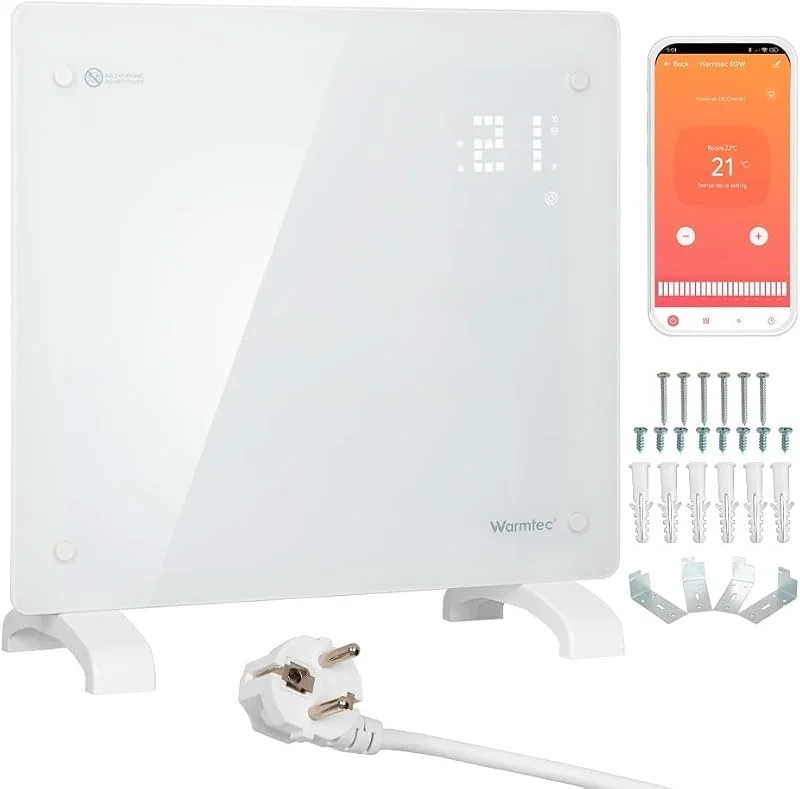 WARMTEC Elektroheizung 1000W, Glasheizung mit WiFi-Steuerung, Timer, LCD-Display und Wochenprogramm, Konvektor-Heizung für energiesparendes Heizen, Elektroheizkörper Stand- und Wandgerät, Weiß — Heizung Warmepumpe