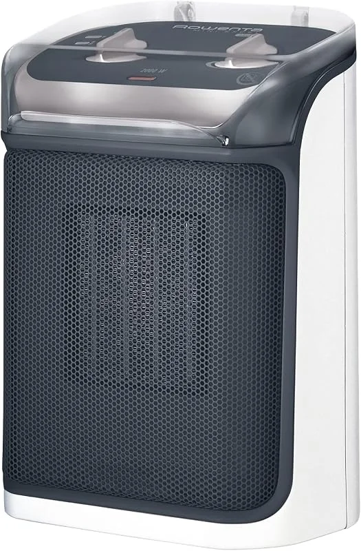 Rowenta SO9281 Mini Excel Aqua Keramik Heizlüfter, Spritzwassergeschützt, leistungsstark, kompakt, leise mit nur 50dB(A), Tragegriff, 2000W, ‎ 20.6 x 14.6 x 30.8cm, Grau, Weiß — Heizung Warmepumpe